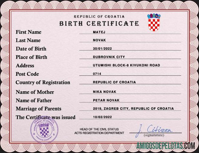 Imprimível modelo PSD de certidão de nascimento de registro vital da Croácia